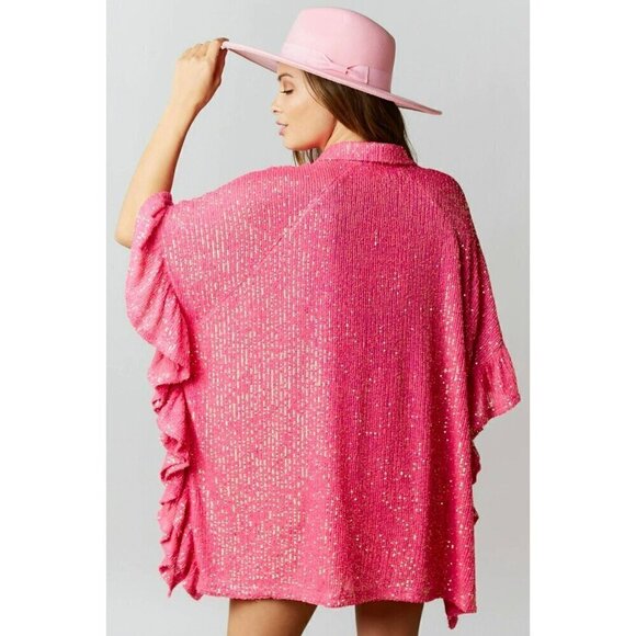 Sweet Dream Sequin Poncho Button-Down Tunic in Hot Pink - Picture 8 of 9
